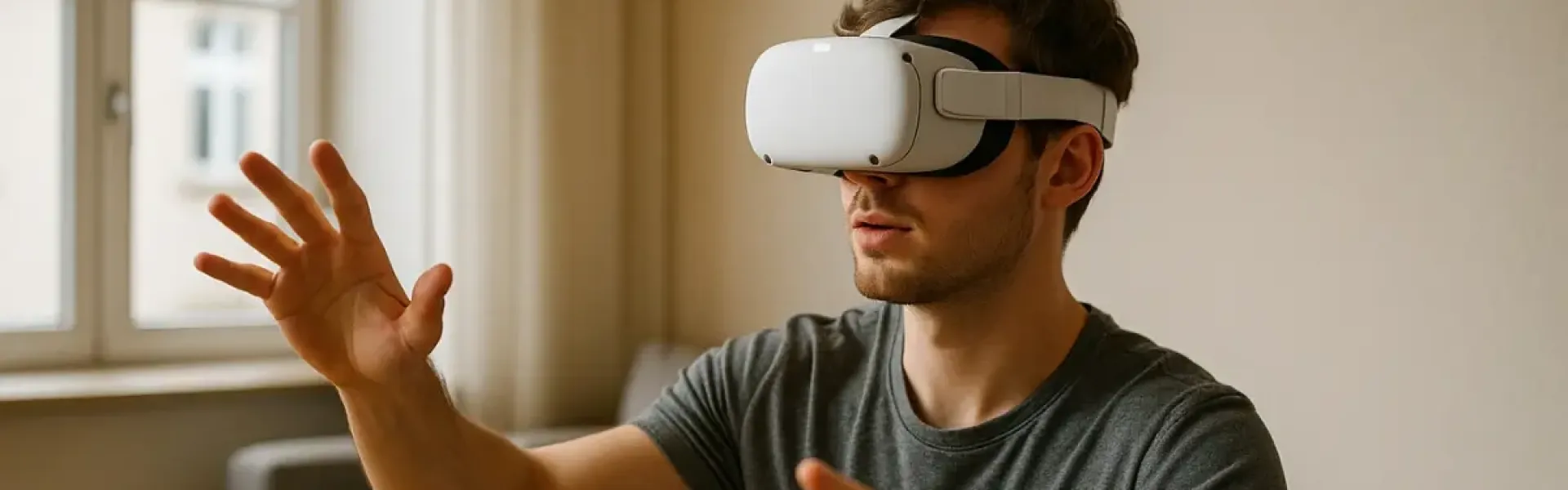 Junger Mann mit VR-Brille spielt in einem Wohnzimmer, im Hintergrund ein Router mit angeschlossenem Kabel.