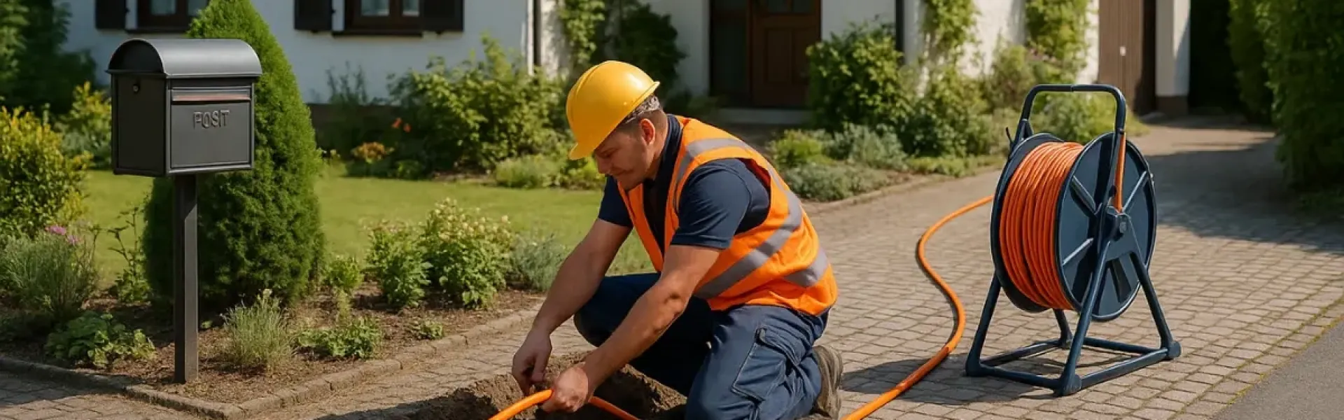 Arbeiter mit Schutzweste und Helm verlegt ein orangefarbenes Kabel in einem Graben vor einem Haus.